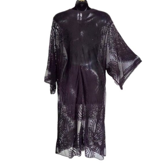 Black Boho Sheer Embroidered Lace Ruana Duster Kimono Cover-Up Size XXL-XXXL - Picture 3 of 8